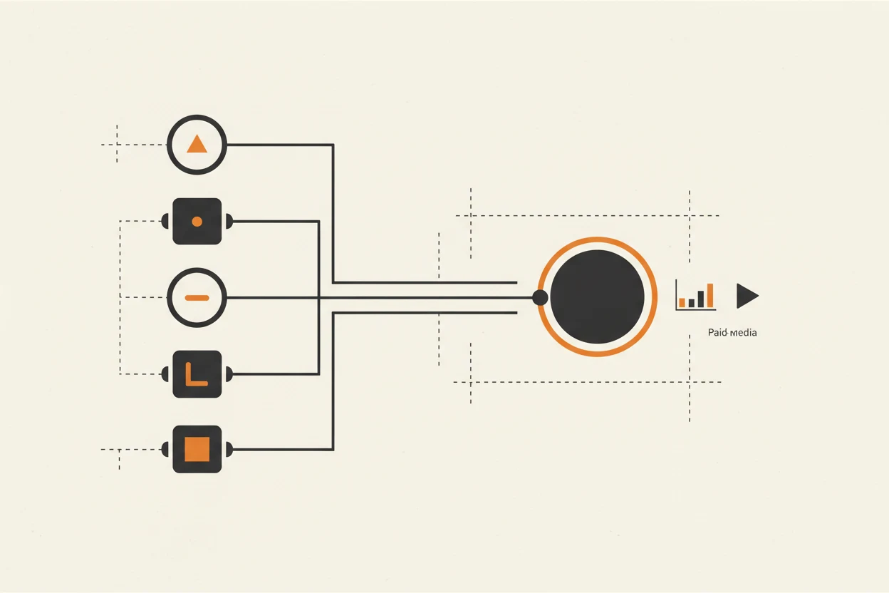 Illustration of an AI bot stack feeding into a paid media workflow