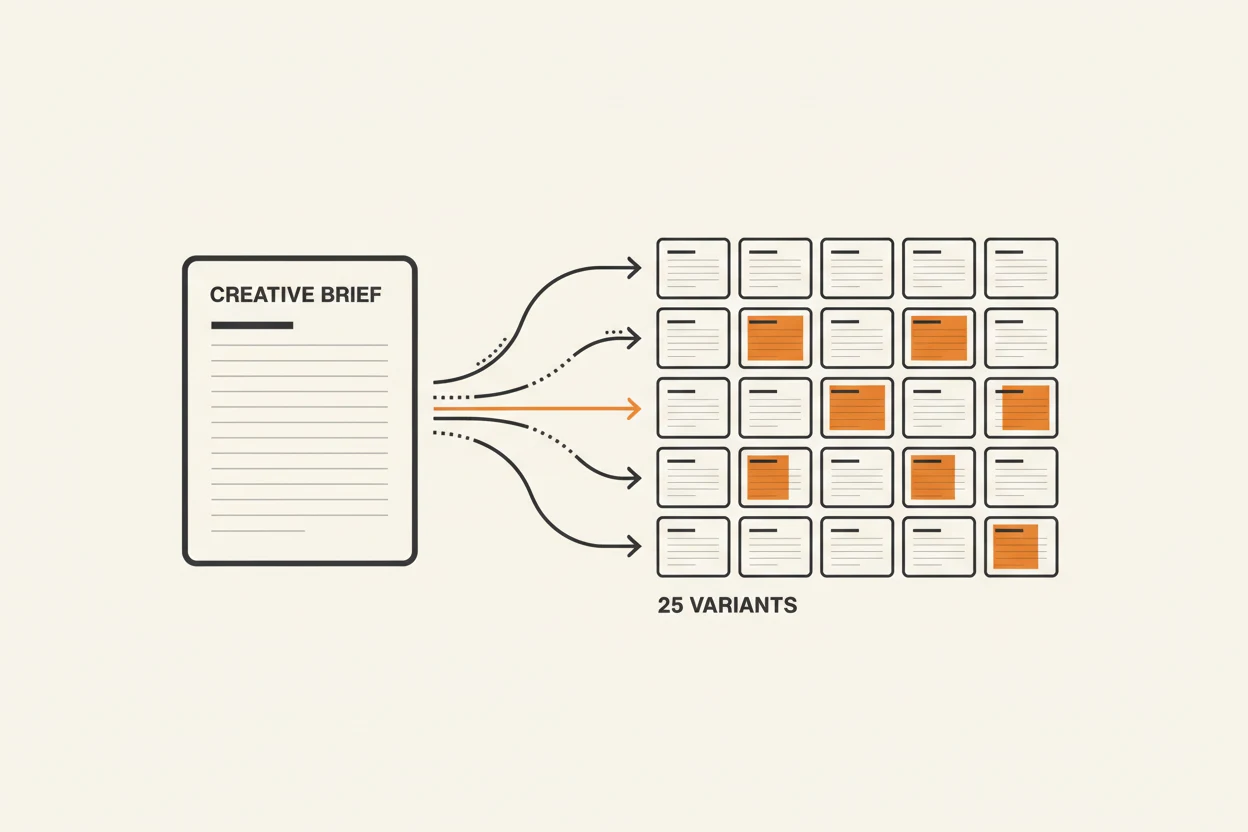 Illustration of ad copy variants fanning out from a single brief
